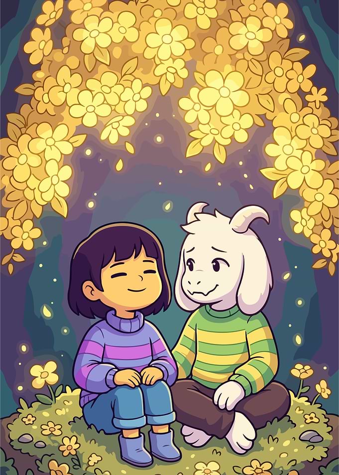 Frisk and Asriel in a field of flowers
