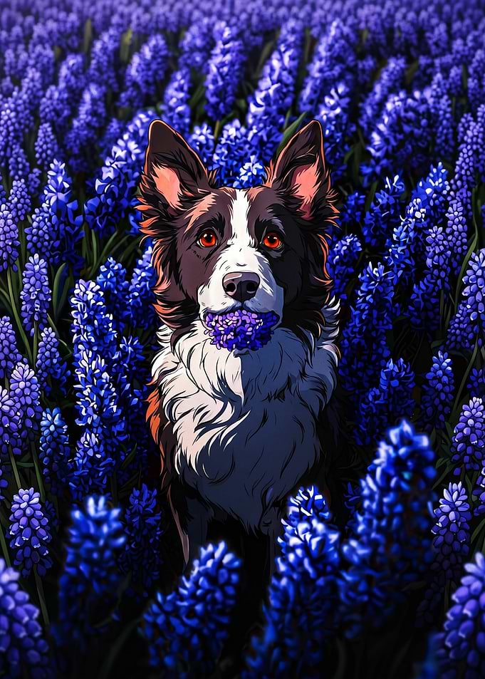 Dog in a field of blue flowers
