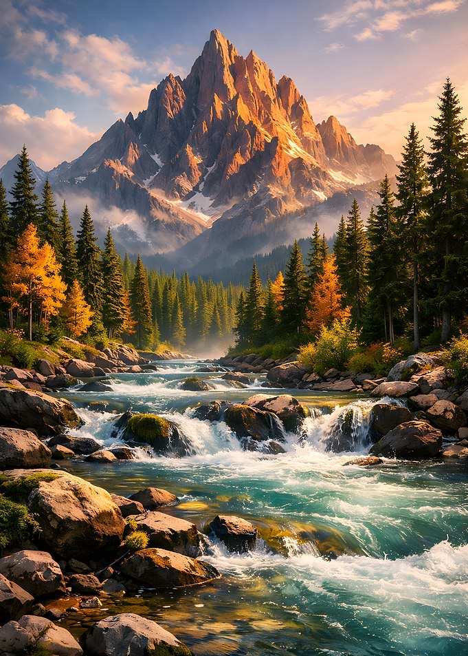 Mountain Peak River Landscape at Sunrise