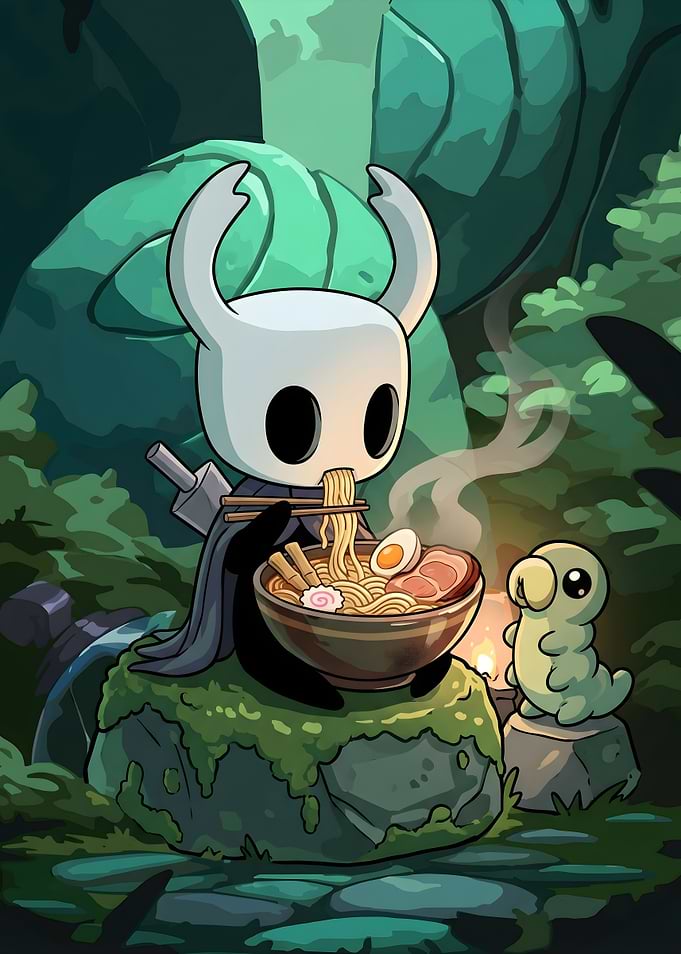 Hollow Knight Eating Ramen with Grub