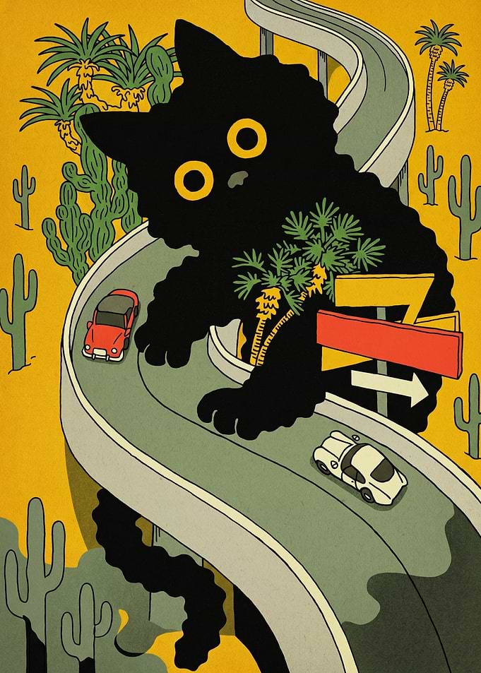 Giant Black Cat Blocks Desert Highway