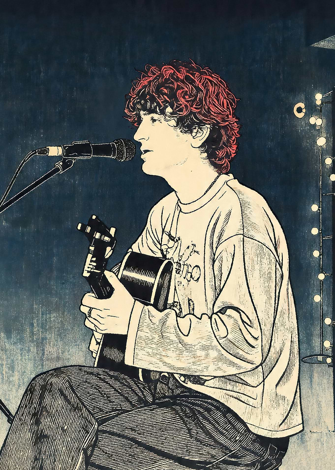 Musician Performing with Guitar and Microphone