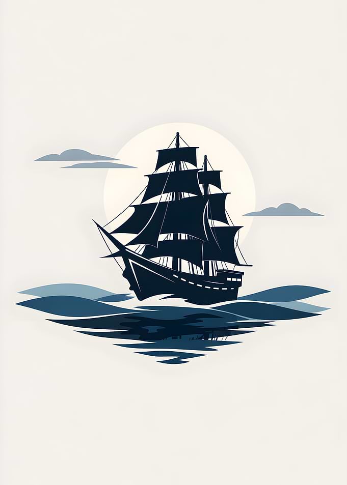 Minimalist Sailing Ship Silhouette Ocean Art
