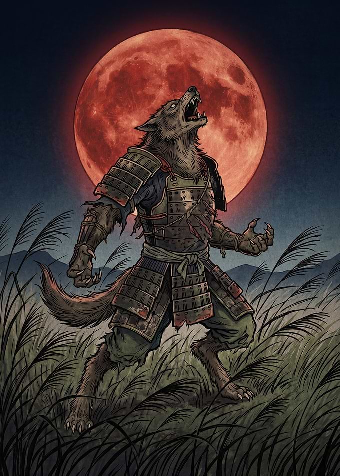 Werewolf Samurai Howling at Blood Moon