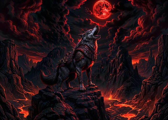 Wolf Howling Under a Blood Moon