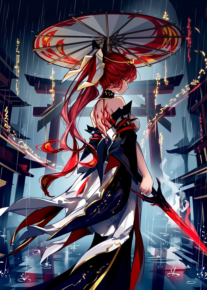 Anime Warrior with Red Sword and Umbrella