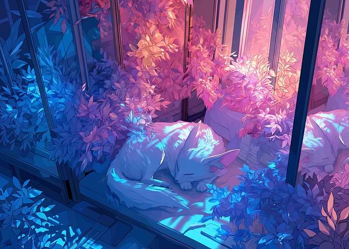 Sleeping Fox-like Creatures in Colorful Plants