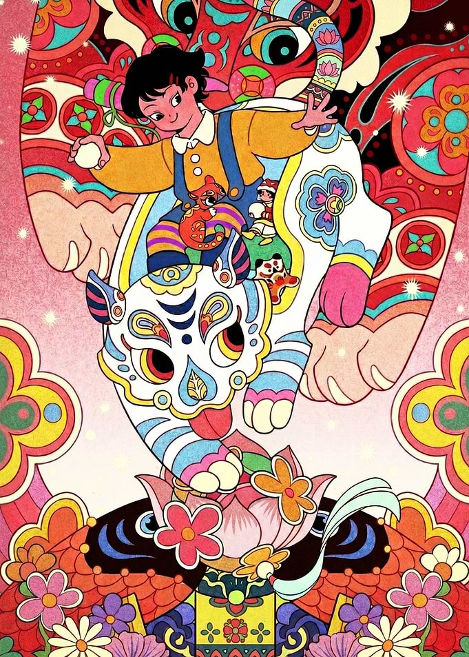 Child Riding a Decorated Tiger