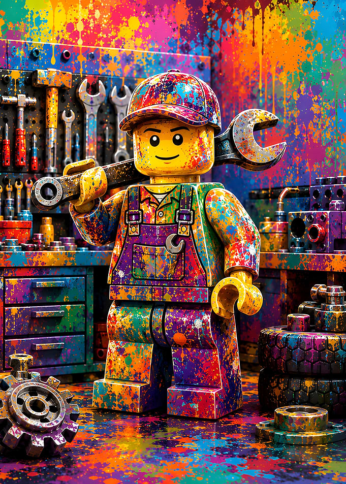 Lego Mechanic Covered in Paint Splatter