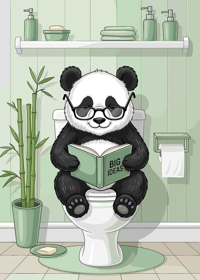 Panda Reading Book on Toilet