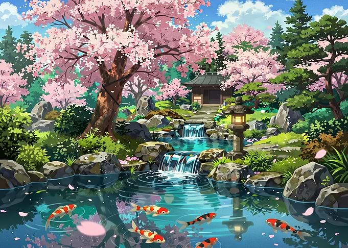 Serene Japanese Garden with Koi Pond