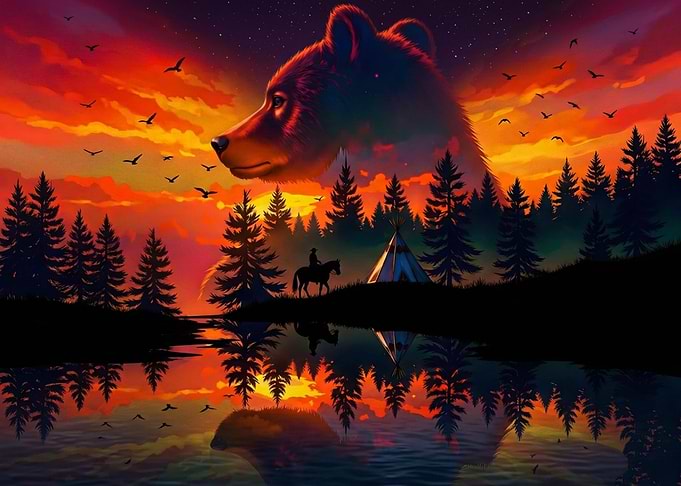 Bear Spirit Overlooking a Sunset Landscape