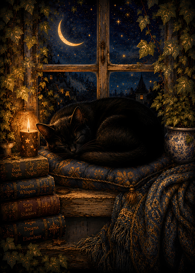 Black Cat Sleeping by a Moonlit Window