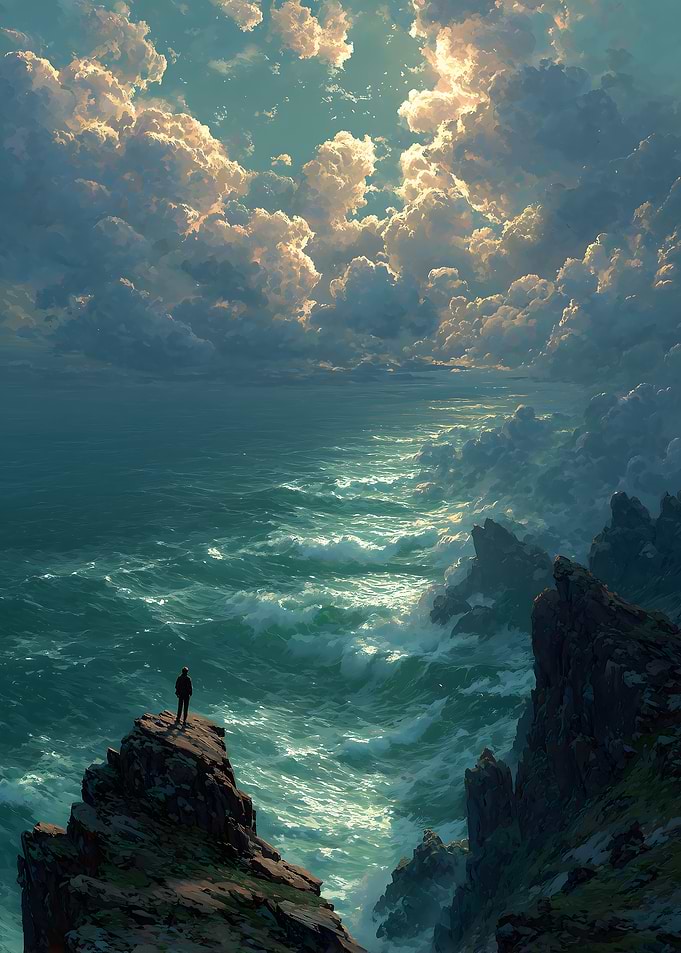 Man on cliff overlooking stormy sea