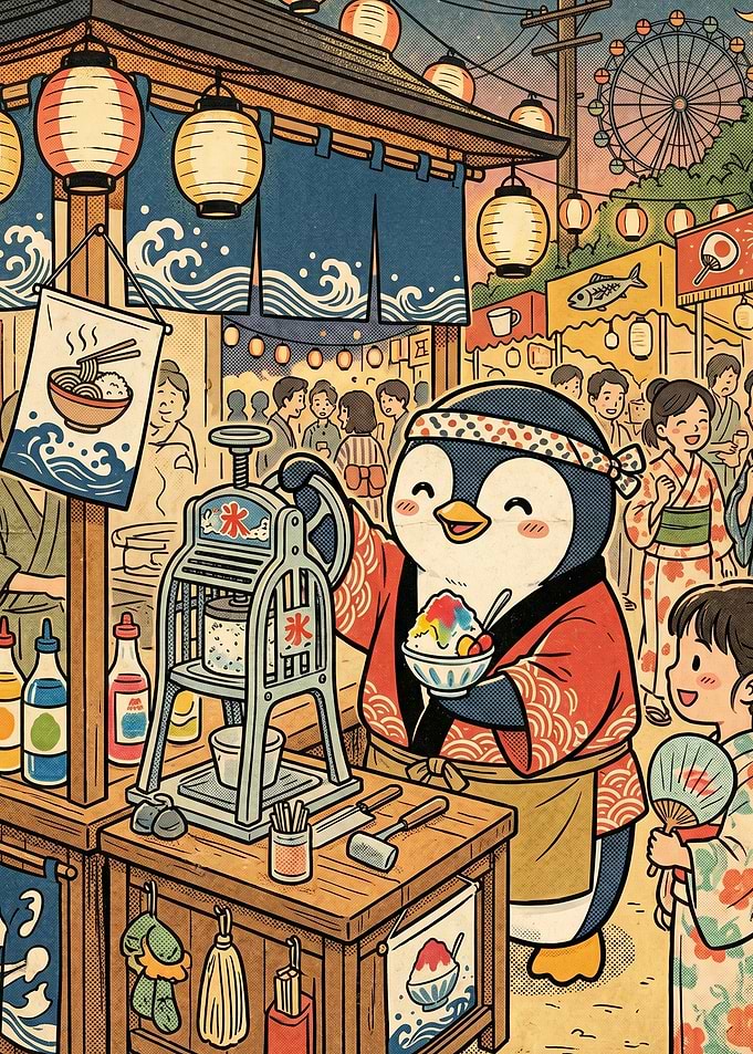 Penguin making shaved ice at festival