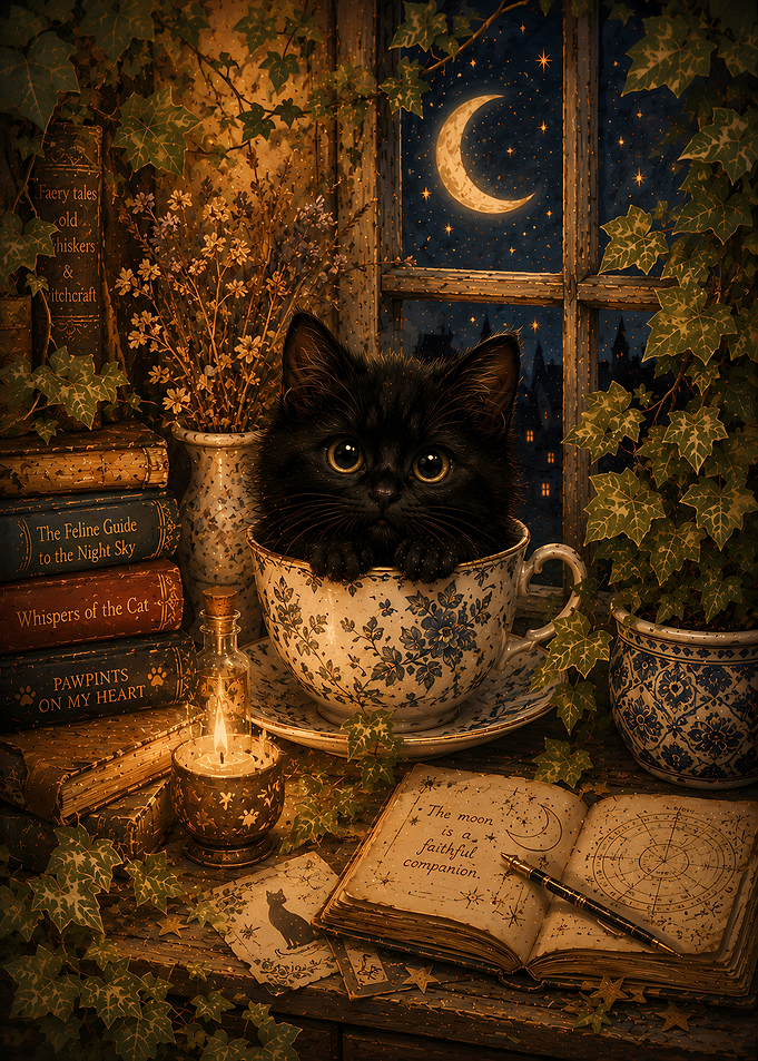 Black Kitten in a Teacup by Moonlight