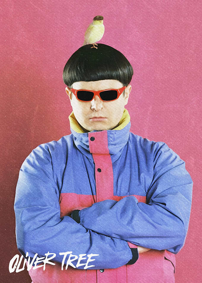 Oliver Tree with a bird on his head