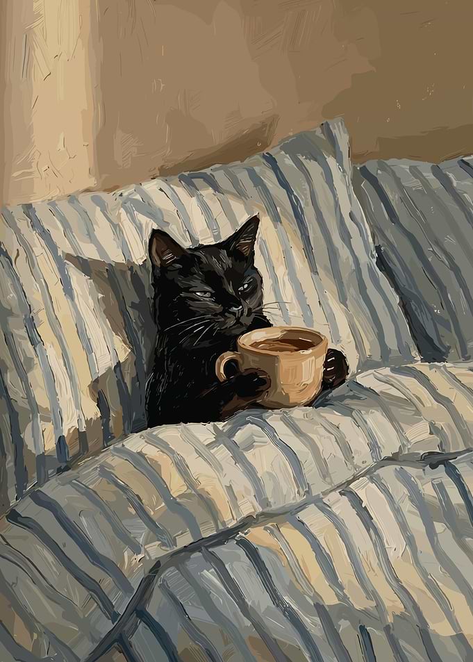 Black cat with coffee in bed
