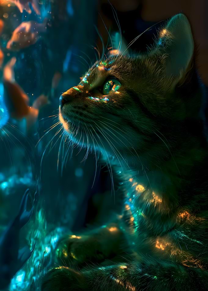 Cat watching fish in aquarium
