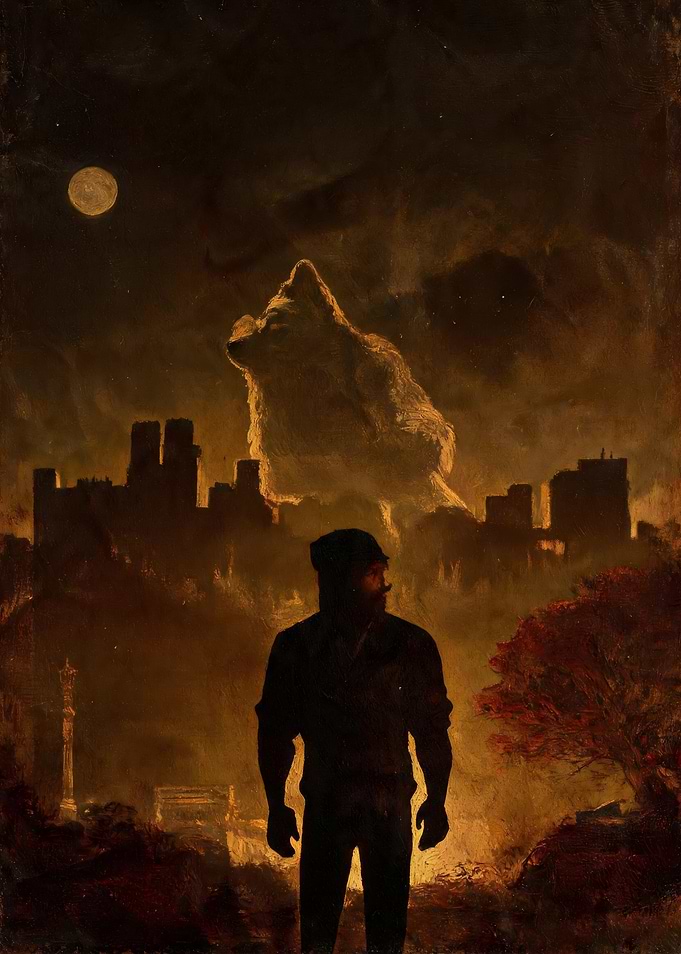 Man and Wolf Spirit Over City