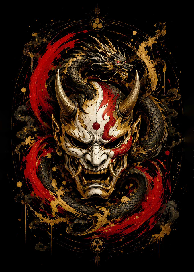 Japanese Oni Mask and Dragon Art