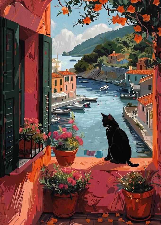 Black Cat Overlooking Mediterranean Harbor