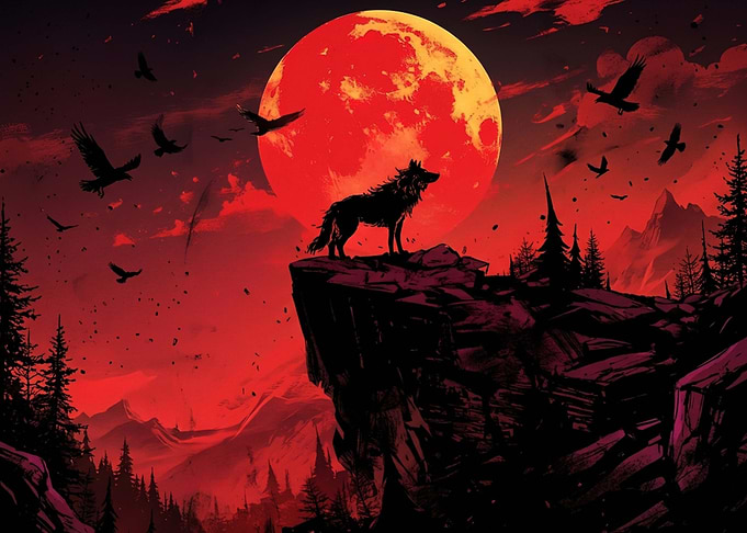Wolf howling at a blood moon