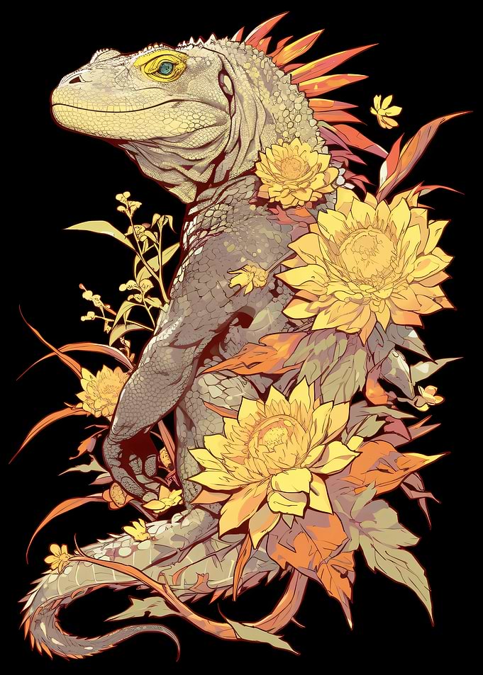 Iguana with Yellow Flowers