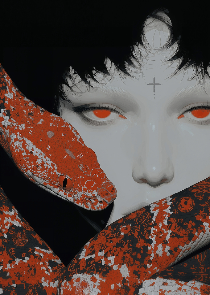 Gothic Portrait with Snake and Red Eyes