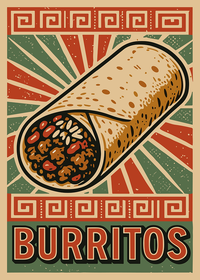 Vintage Burritos Poster - Retro Mexican Food Kitchen Wall Art