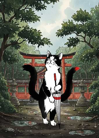 Cat with Umbrella at Shrine
