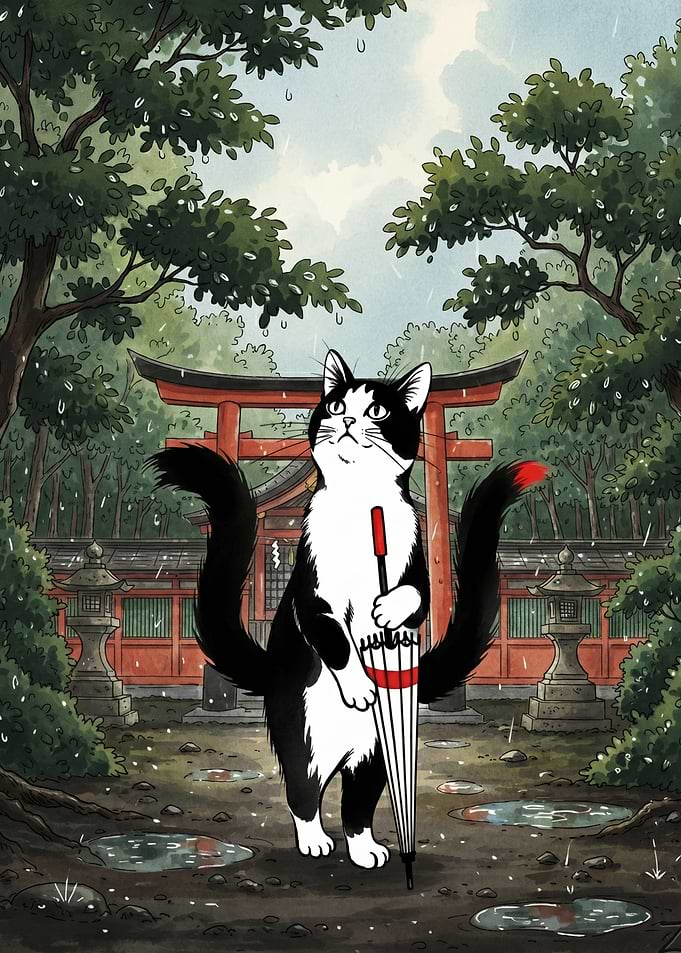 Cat with Umbrella at Shrine