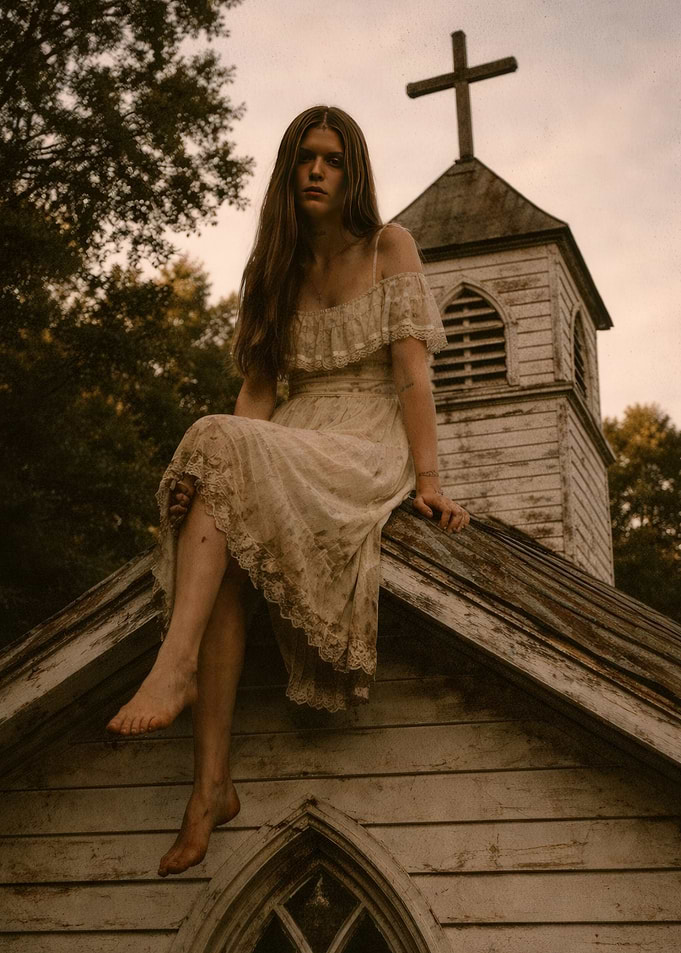 Woman in Lace Dress on Church Roof