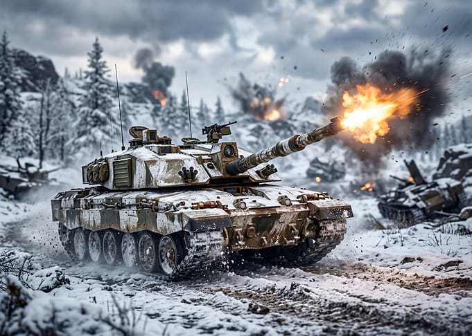 Tank Firing in Snowy Battlefield