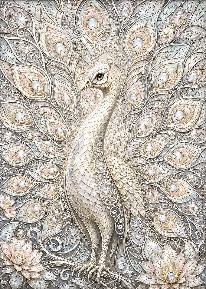 Elegant White Peacock with Floral Accents