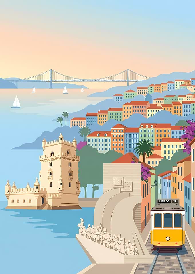 Lisbon cityscape with tram and tower