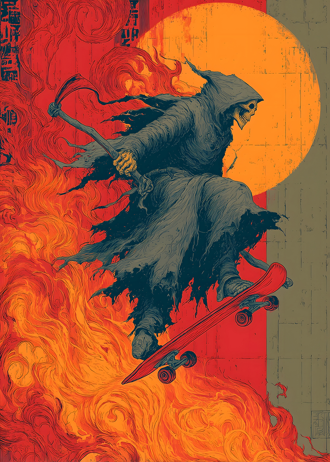 Grim Reaper Skateboarder in Flames