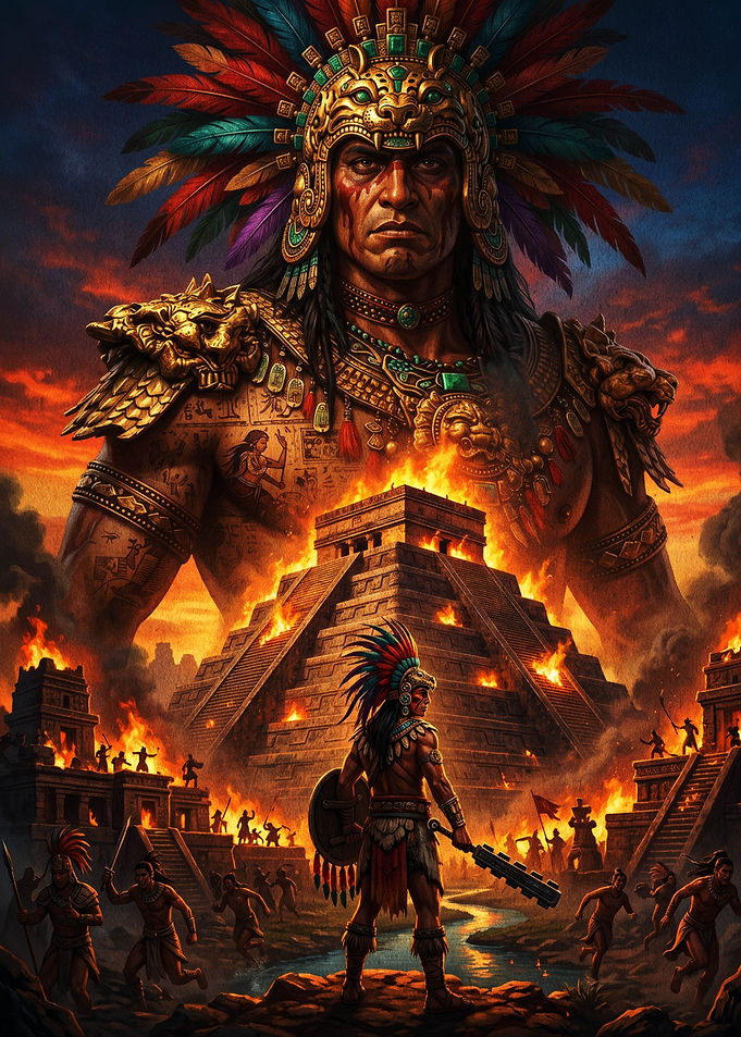 Aztec Warrior and Burning Pyramid