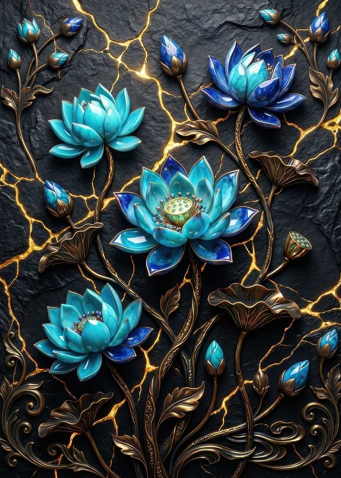 Blue Lotus Flowers on Cracked Black Background