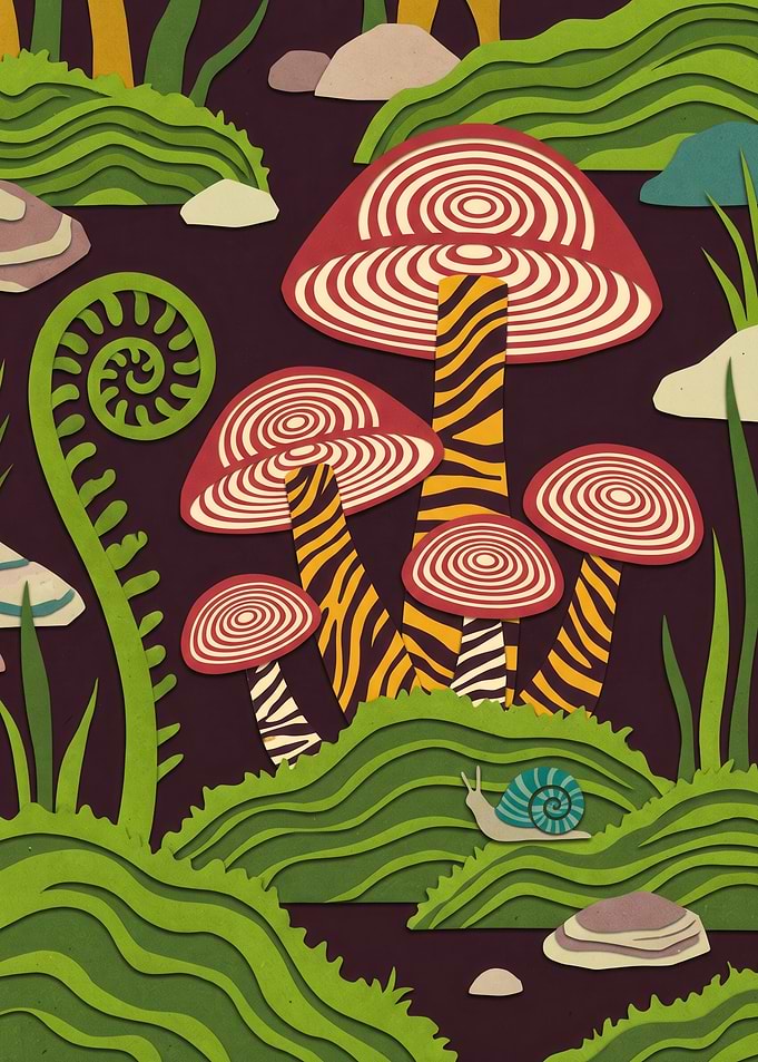 Spiral Mushroom Forest Snail Whimsical Nature Illustration
