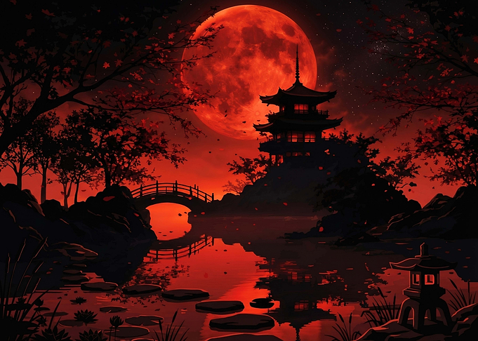 Japanese Pagoda Under a Blood Moon
