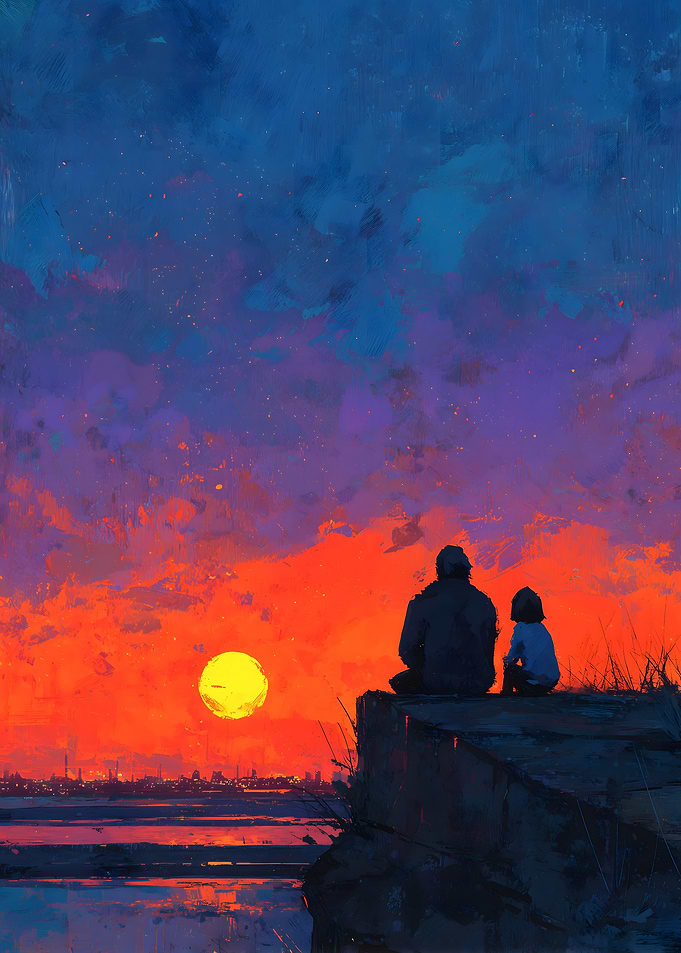 Father and Son Watching Sunset