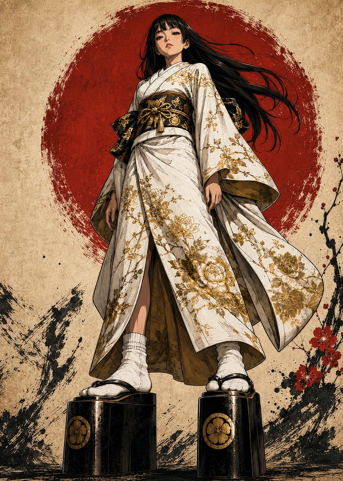 Woman in Kimono with Red Sun