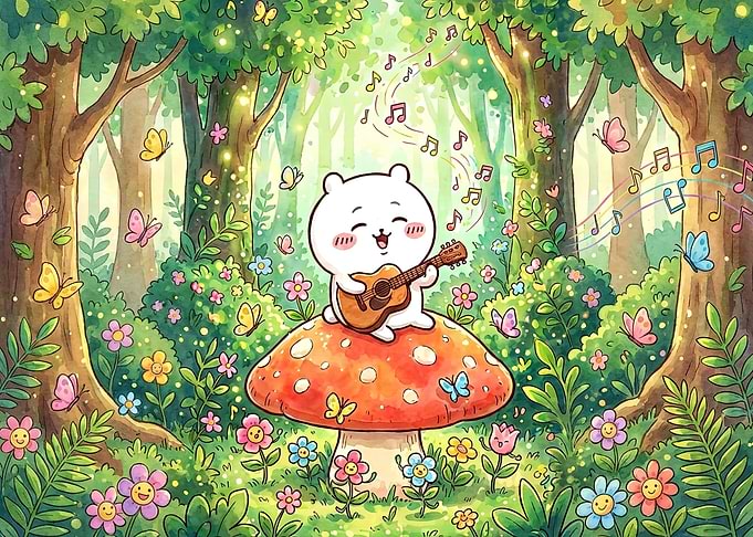 Cute Bear Playing Guitar in a Magical Forest