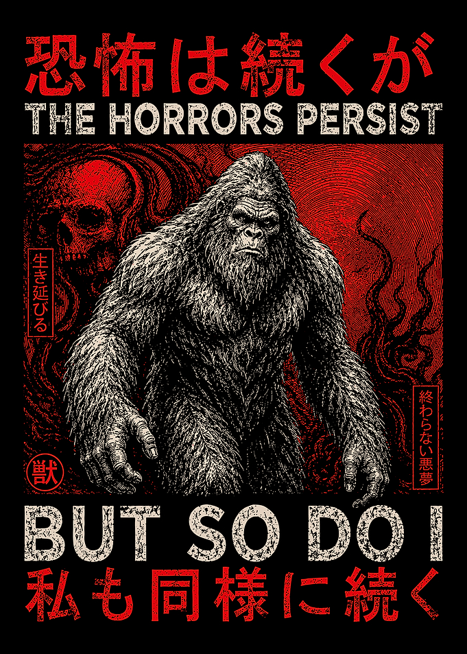 The Horrors Persist Bigfoot Poster Japanese Horror Style Sasquatch Wall Art
