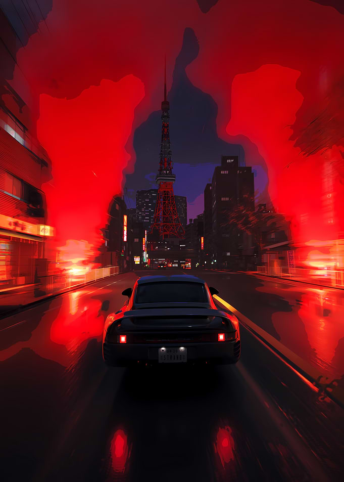 Car driving through a red-lit city