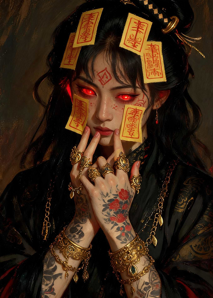 Mysterious Woman with Glowing Eyes and Talismans