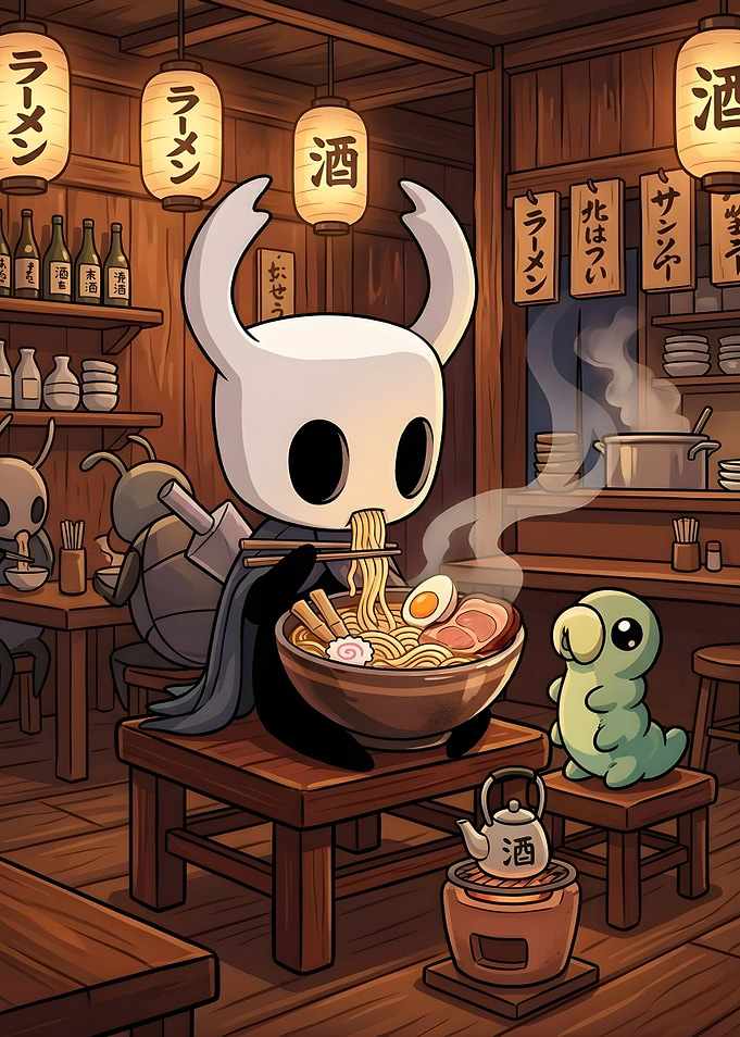Hollow Knight Character Eating Ramen