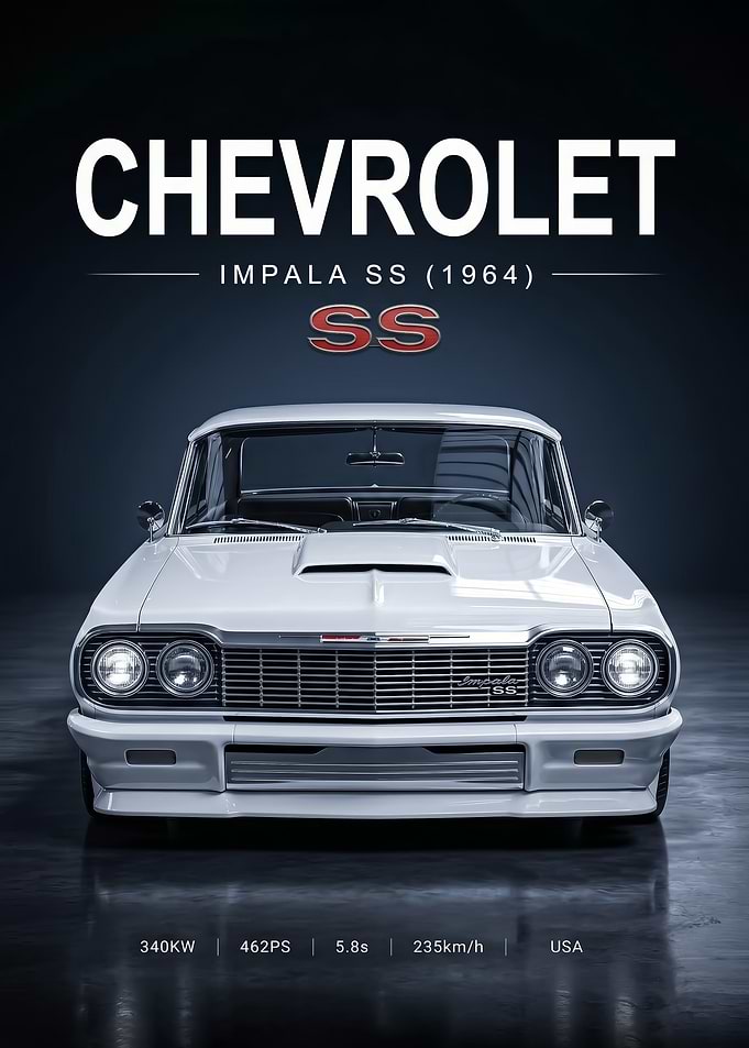 sleek classic 1964 Chevrolet Impala SS white old car poster