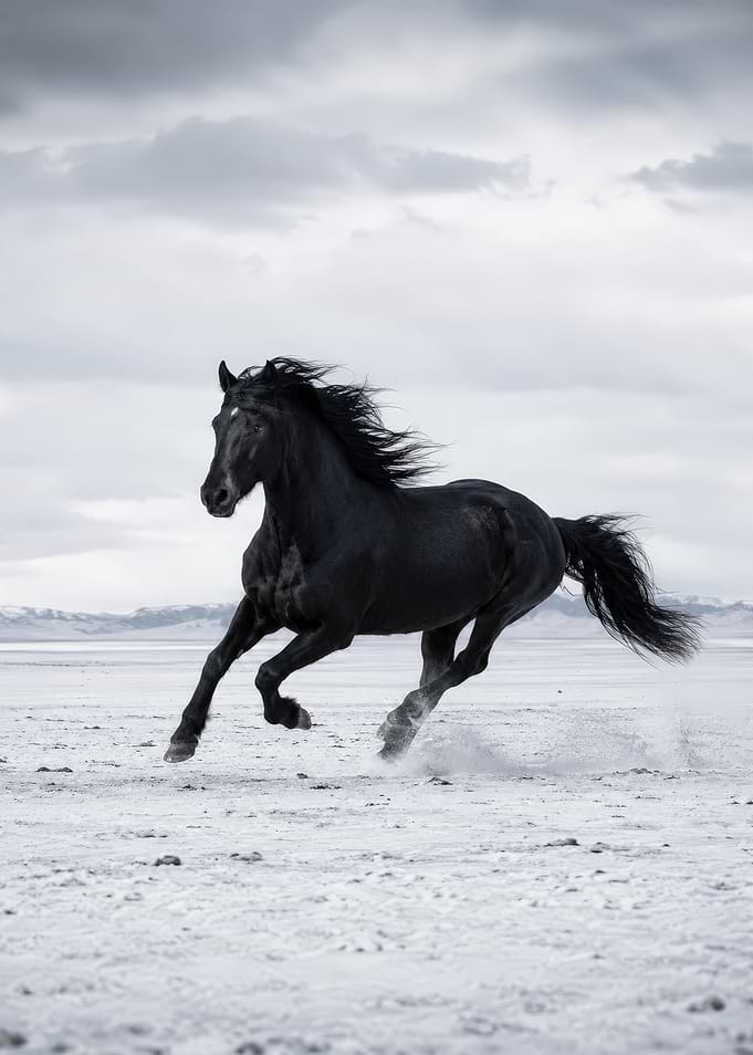 Black horse running in a desert
